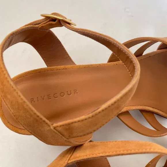 Rivecour Suede Sandals Brown Tan Leather $222 NEW Cross Stack Heel Block Ankle - Picture 2 of 12